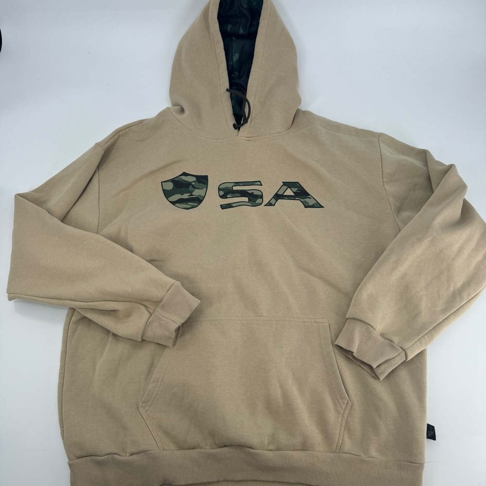 SA Company Mens 2XL Camo‎ USA Logo Tan Beige Pullover Hoodie Sweatshirt